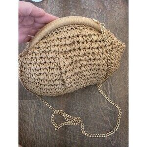 Natural Woven Crescent Shoulder Bag Gold Chain Strap Clasp Gold Hardware Women